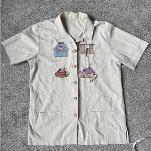 Vintage Grandmacore Embroidered Cat Button Up Top
